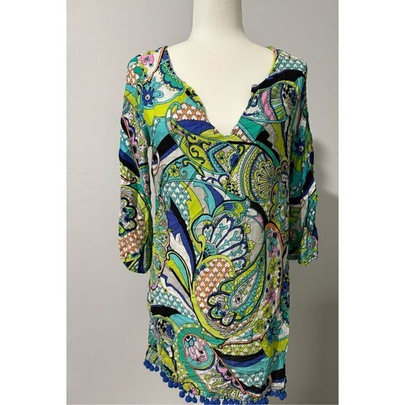 Trina Turk Nomad Paisley Tunic S pompom ball trim - Picture 2 of 7